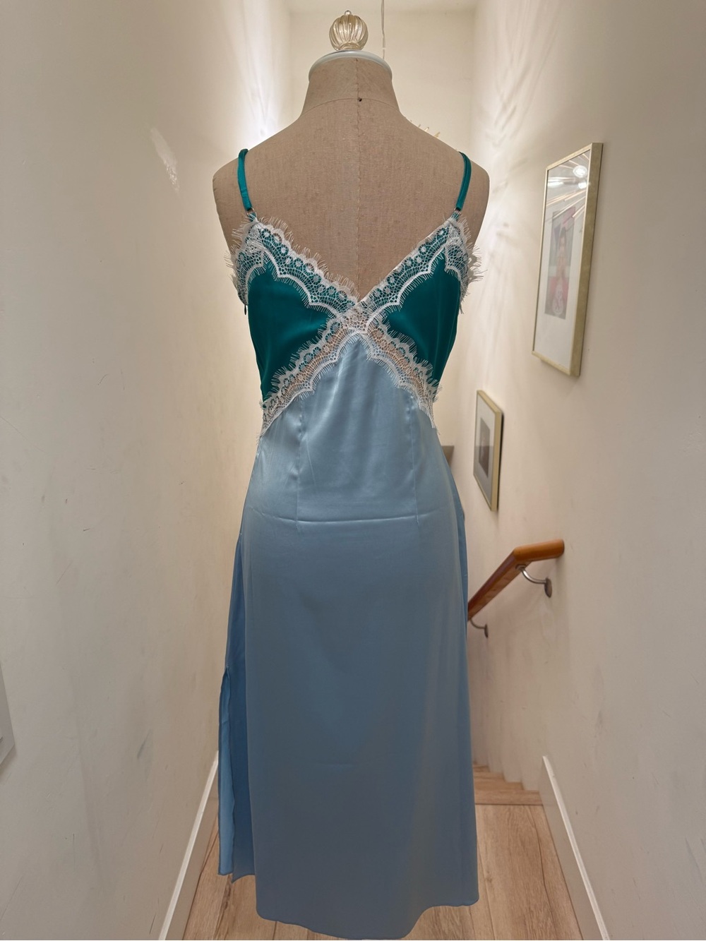 Two-Tone Teal and Light Blue Satin Lace Midi Slip Dress